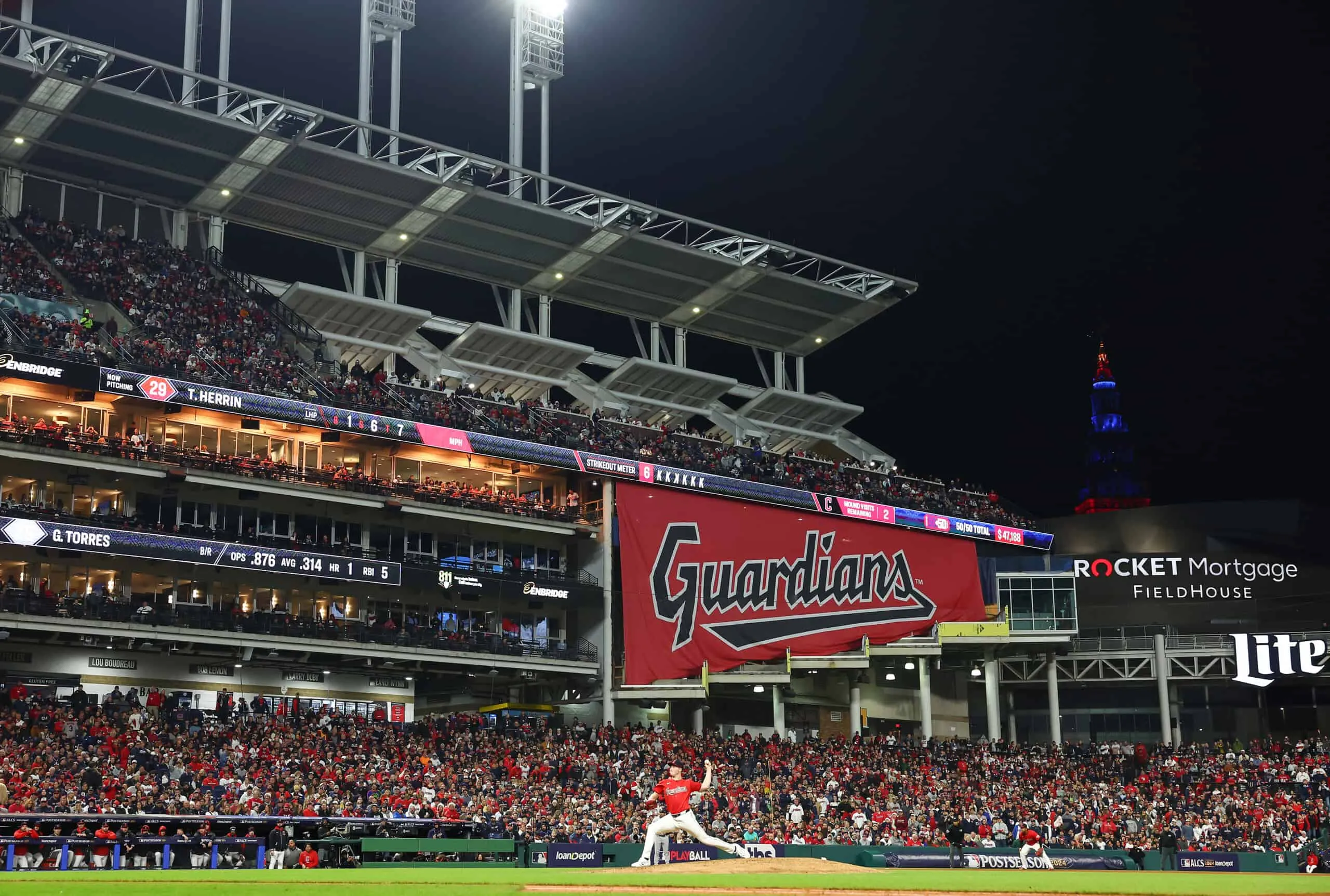 CLEVELAND, OHIO - OCTOBER 19: A general view as Tim Herrin #29 of the Cleveland Guardians pitches in the eighth inning against the New York Yankees during Game Five of the American League Championship Series at Progressive Field on October 19, 2024 in Cleveland, Ohio.