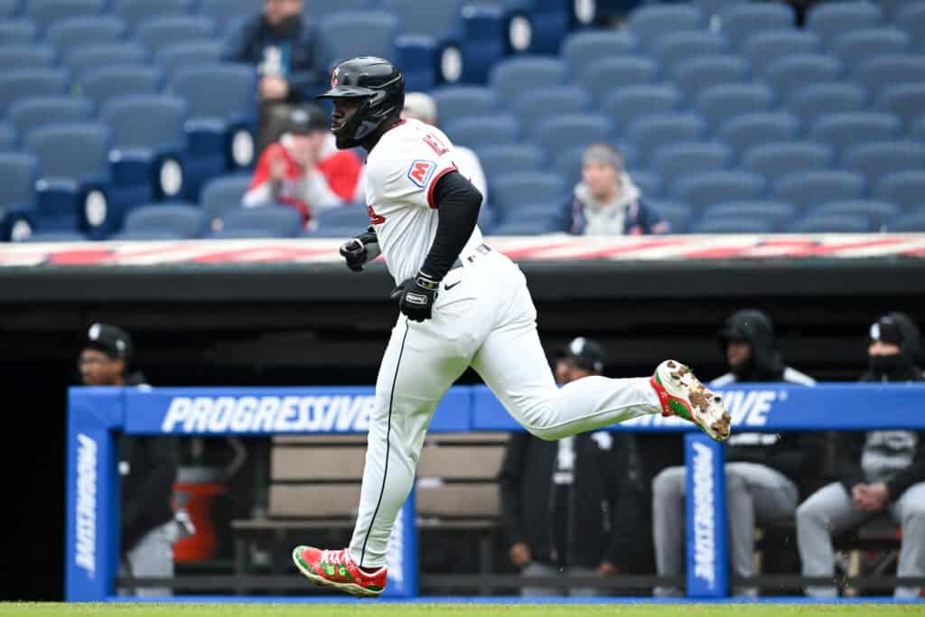 CLEVELAND, OHIO - APRIL 10: Jhonkensy Noel #43 of the Cleveland Guardians runs out a single during the fourth inning against the Chicago White Sox at Progressive Field on April 10, 2025 in Cleveland, Ohio.