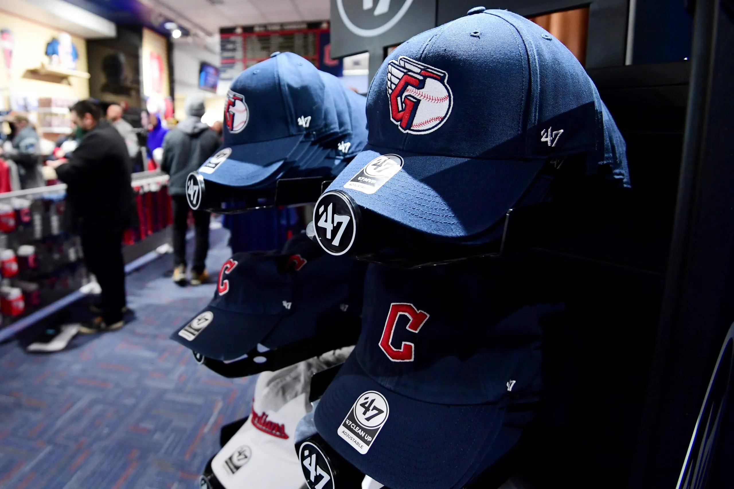 CLEVELAND, OHIO - NOVEMBER 19: Cleveland Guardians merchandise is displayed in the team store at Progressive Field on November 19, 2021 in Cleveland, Ohio. The Cleveland Indians officially changed their name to the Cleveland Guardians on Friday.