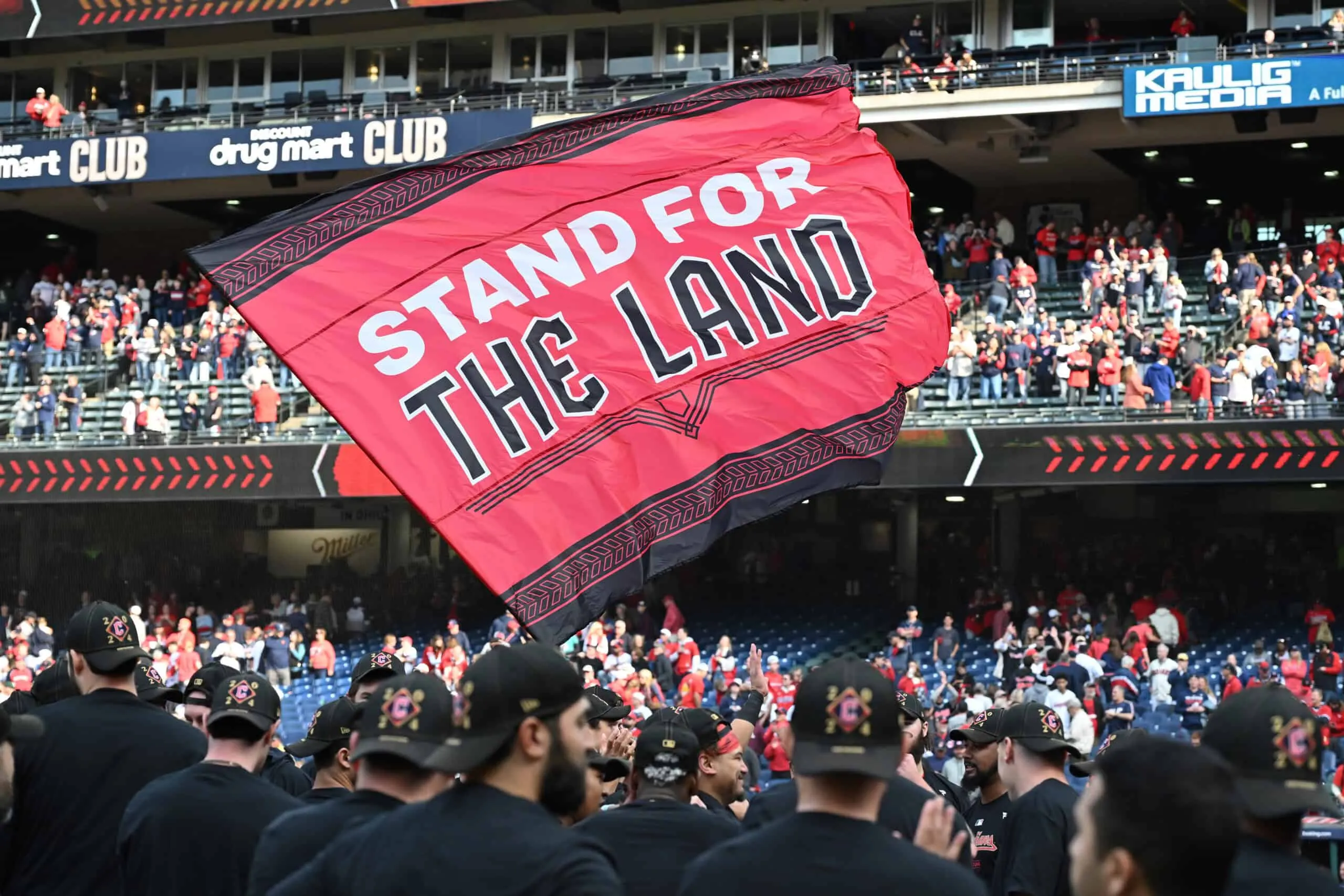 CLEVELAND, OHIO - OCTOBER 12: The Cleveland Guardians celebrate after defeating the Detroit Tigers in Game Five of the Division Series at Progressive Field on October 12, 2024 in Cleveland, Ohio.