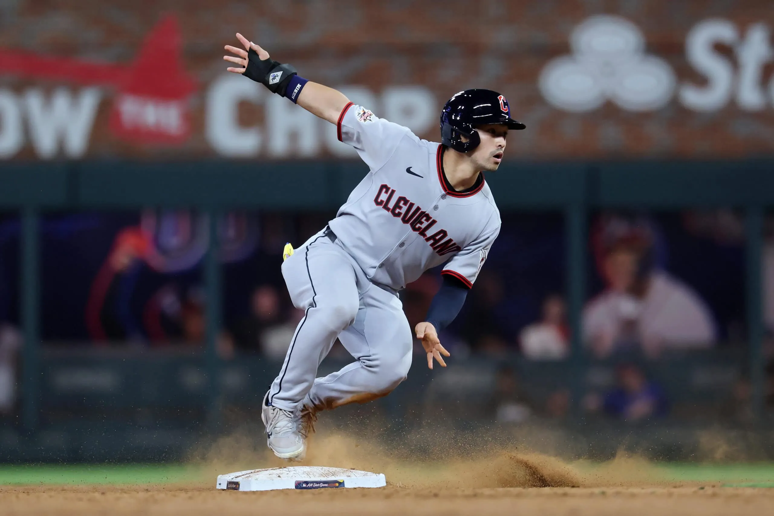 ATLANTA, GEORGIA - JULY 15: Steven Kwan #38 of the Cleveland Guardians steals second base during the ninth inning of the MLB All-Star Game at Truist Park on July 15, 2025 in Atlanta, Georgia.