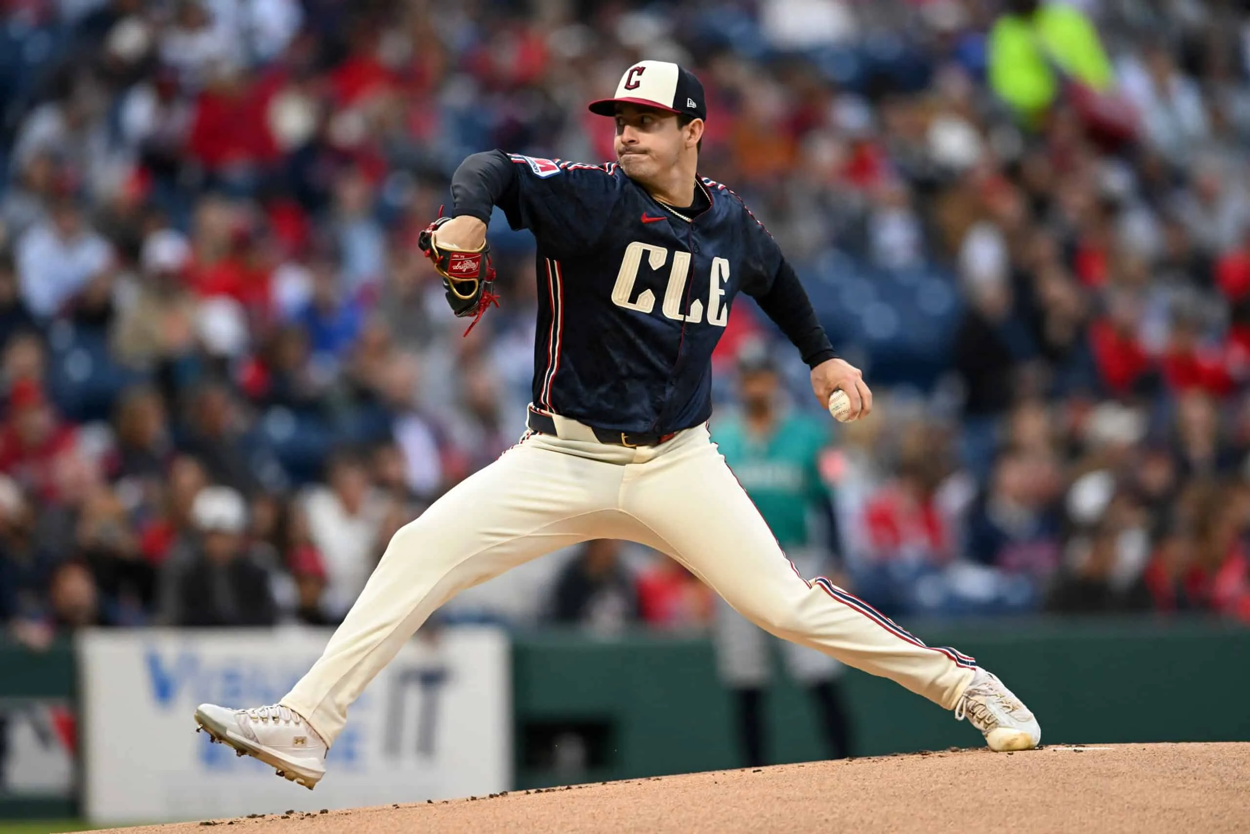 CLEVELAND, OHIO - AUGUST 29: Logan Allen #26 of the Cleveland Guardians throws a pitch during the first inning against the Seattle Mariners at Progressive Field on August 29, 2025 in Cleveland, Ohio.
