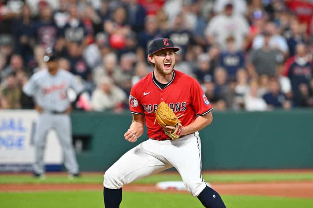 CLEVELAND, OHIO - SEPTEMBER 24: Starting pitcher Tanner Bibee #28 of the Cleveland Guardians reacts after striking out Wenceel Pérez #46 of the Detroit Tigers to end the top of the sixth inning at Progressive Field on September 24, 2025 in Cleveland, Ohio.