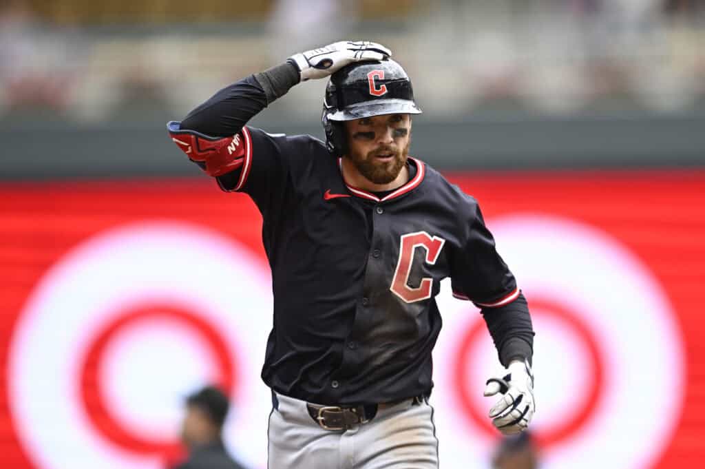 MINNEAPOLIS, MINNESOTA - SEPTEMBER 20: Daniel Schneemann #10 of the Cleveland Guardians rounds the bases after hitting a solo home run against the Minnesota Twins in the fifth inning of game one of a doubleheader at Target Field on September 20, 2025 in Minneapolis, Minnesota.