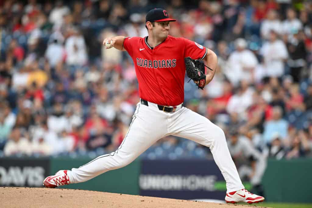 CLEVELAND, OHIO - SEPTEMBER 23: Gavin Williams #32 of the Cleveland Guardians throws a pitch during the first inning against the Detroit Tigers at Progressive Field on September 23, 2025 in Cleveland, Ohio.