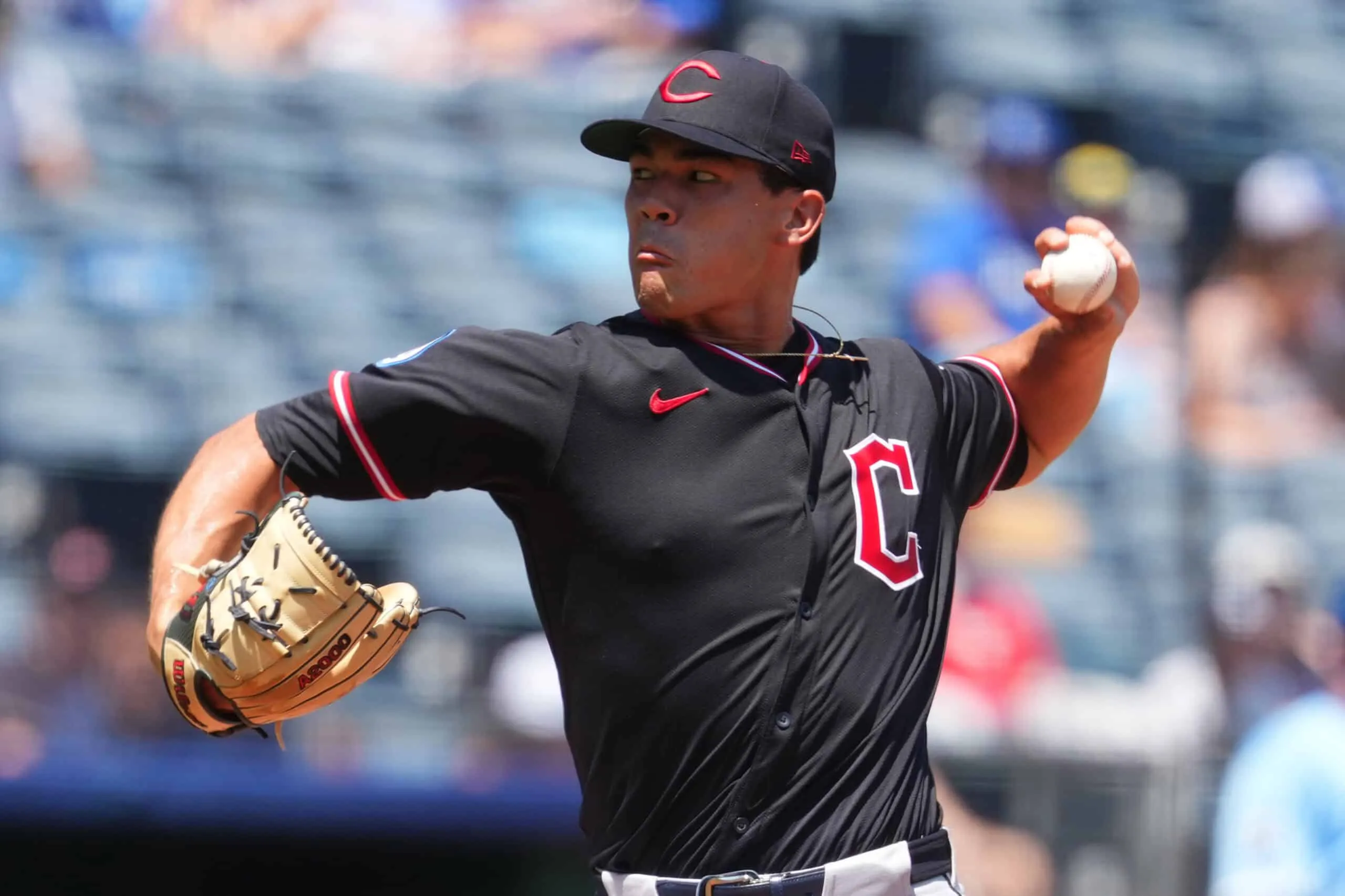 KANSAS CITY, MISSOURI - JULY 27: Joey Cantillo #54 of the Cleveland Guardians throws in the first inning against the Kansas City Royals at Kauffman Stadium on July 27, 2025 in Kansas City, Missouri.