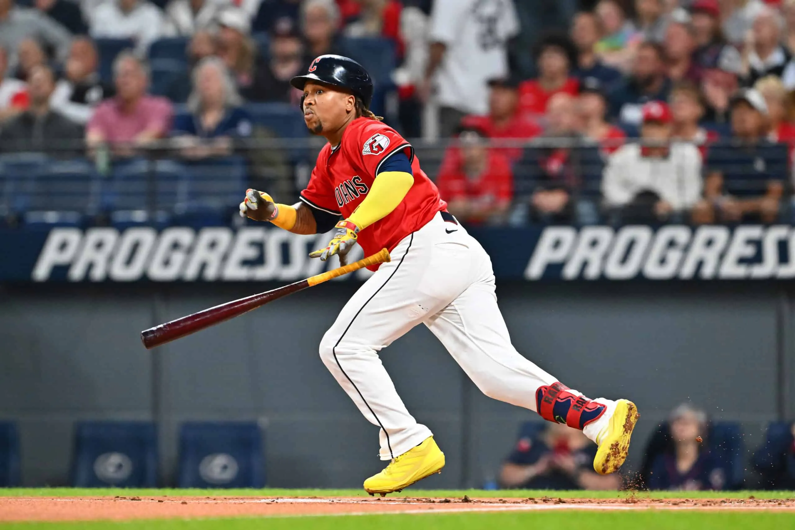 CLEVELAND, OHIO - SEPTEMBER 24: José Ramírez #11 of the Cleveland Guardians runs out a double during the first inning against the Detroit Tigers at Progressive Field on September 24, 2025 in Cleveland, Ohio.