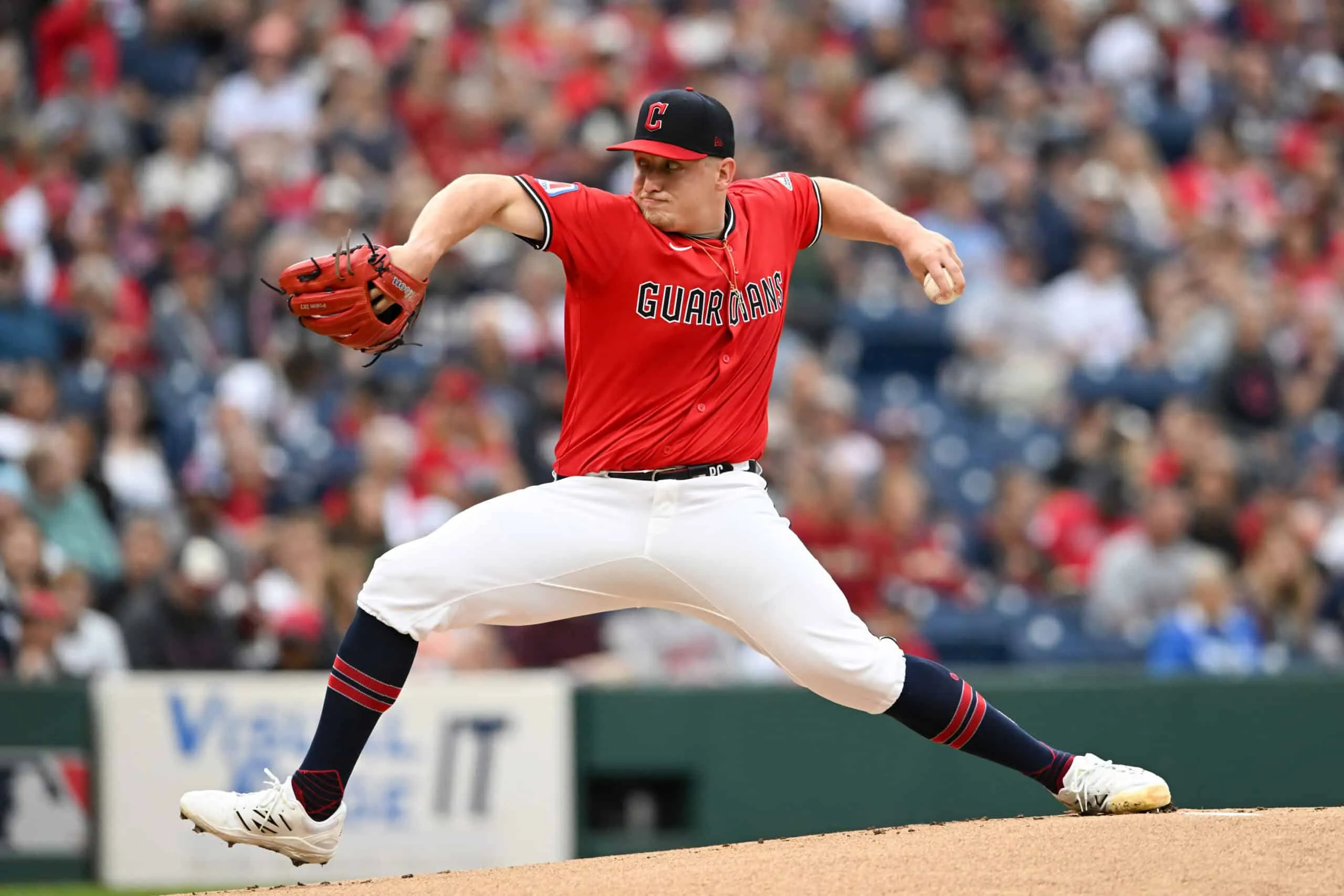 CLEVELAND, OHIO - SEPTEMBER 13: Parker Messick #77 of the Cleveland Guardians throws a pitch during the first inning against the Chicago White Sox at Progressive Field on September 13, 2025 in Cleveland, Ohio.