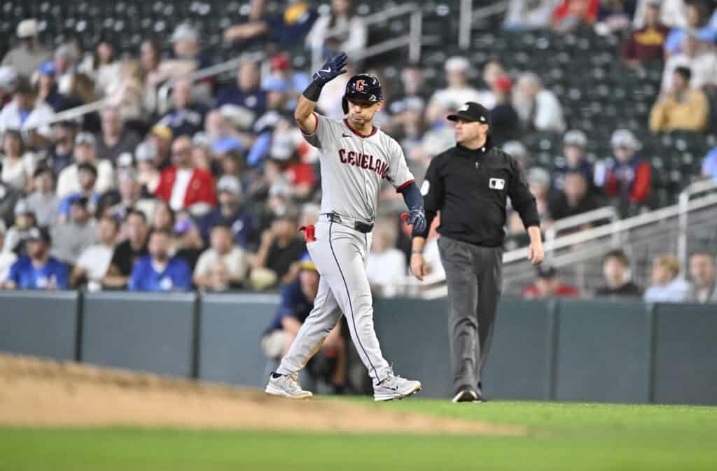 MINNEAPOLIS, MINNESOTA - SEPTEMBER 20: Steven Kwan #38 of the Cleveland Guardians celebrates after hitting a two-run RBI single against the Minnesota Twins in the eighth inning of game two of a doubleheader at Target Field on September 20, 2025 in Minneapolis, Minnesota.