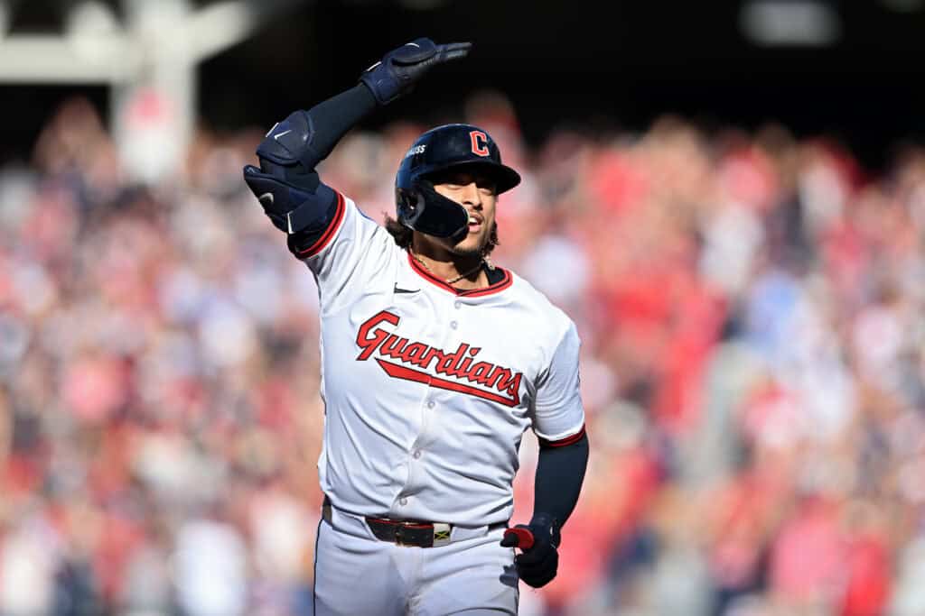CLEVELAND, OHIO - OCTOBER 01: Bo Naylor #23 of the Cleveland Guardians rounds the bases after hitting a home run during the eighth inning against the Detroit Tigers in game two of the American League Wild Card Series at Progressive Field on October 01, 2025 in Cleveland, Ohio.
