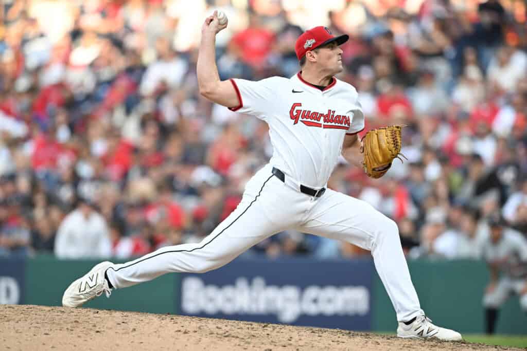 CLEVELAND, OHIO - OCTOBER 02: Cade Smith #36 of the Cleveland Guardians pitches during the ninth inning against the Detroit Tigers in game three of the American League Wild Card Series at Progressive Field on October 02, 2025 in Cleveland, Ohio.