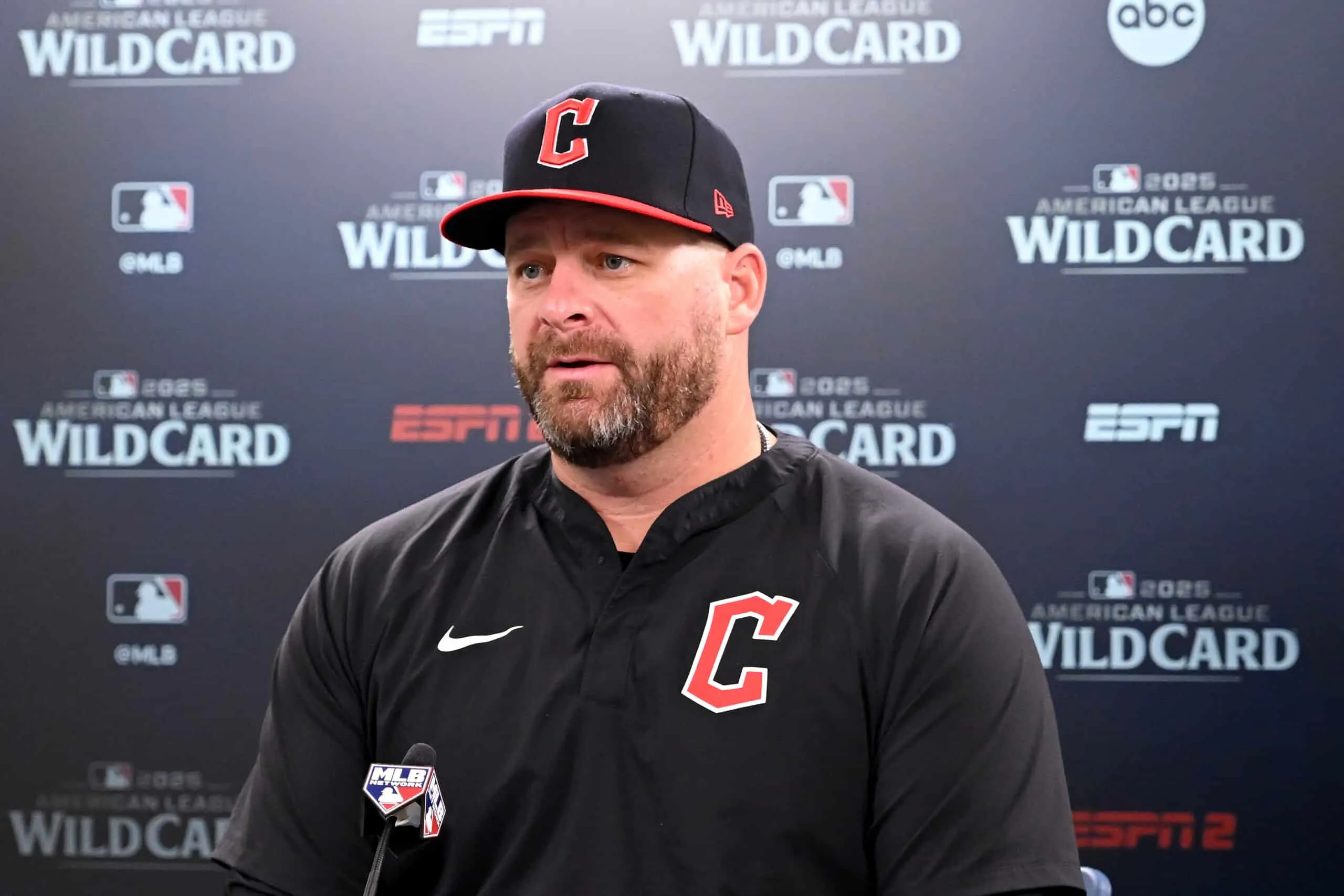 CLEVELAND, OHIO - SEPTEMBER 30: Manager Stephen Vogt #12 of the Cleveland Guardians speaks with the media following game one of the American League Wild Card Series against the Detroit Tigers at Progressive Field on September 30, 2025 in Cleveland, Ohio.