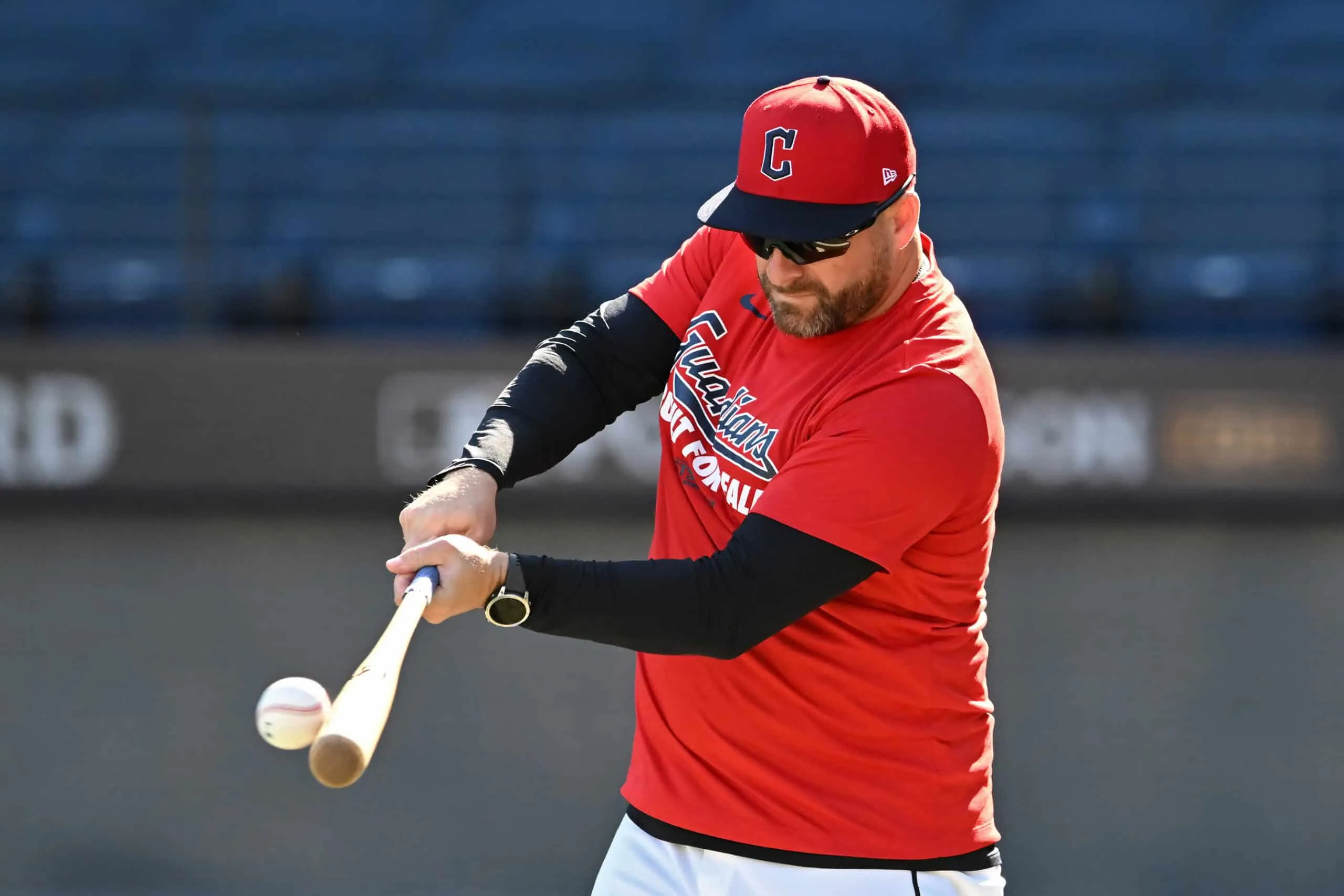 CLEVELAND, OHIO - OCTOBER 01: Manager Stephen Vogt of the Cleveland Guardians participates in warm ups prior to game two of the American League Wild Card Series between the Detroit Tigers and the Cleveland Guardians at Progressive Field on October 01, 2025 in Cleveland, Ohio.