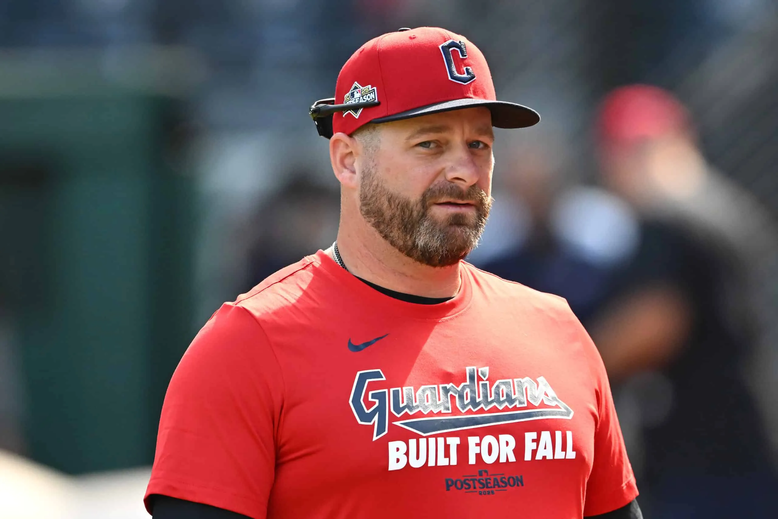 CLEVELAND, OHIO - OCTOBER 02: Stephen Vogt #12 of the Cleveland Guardians looks on prior to game three of the American League Wild Card Series against the Detroit Tigers at Progressive Field on October 02, 2025 in Cleveland, Ohio.