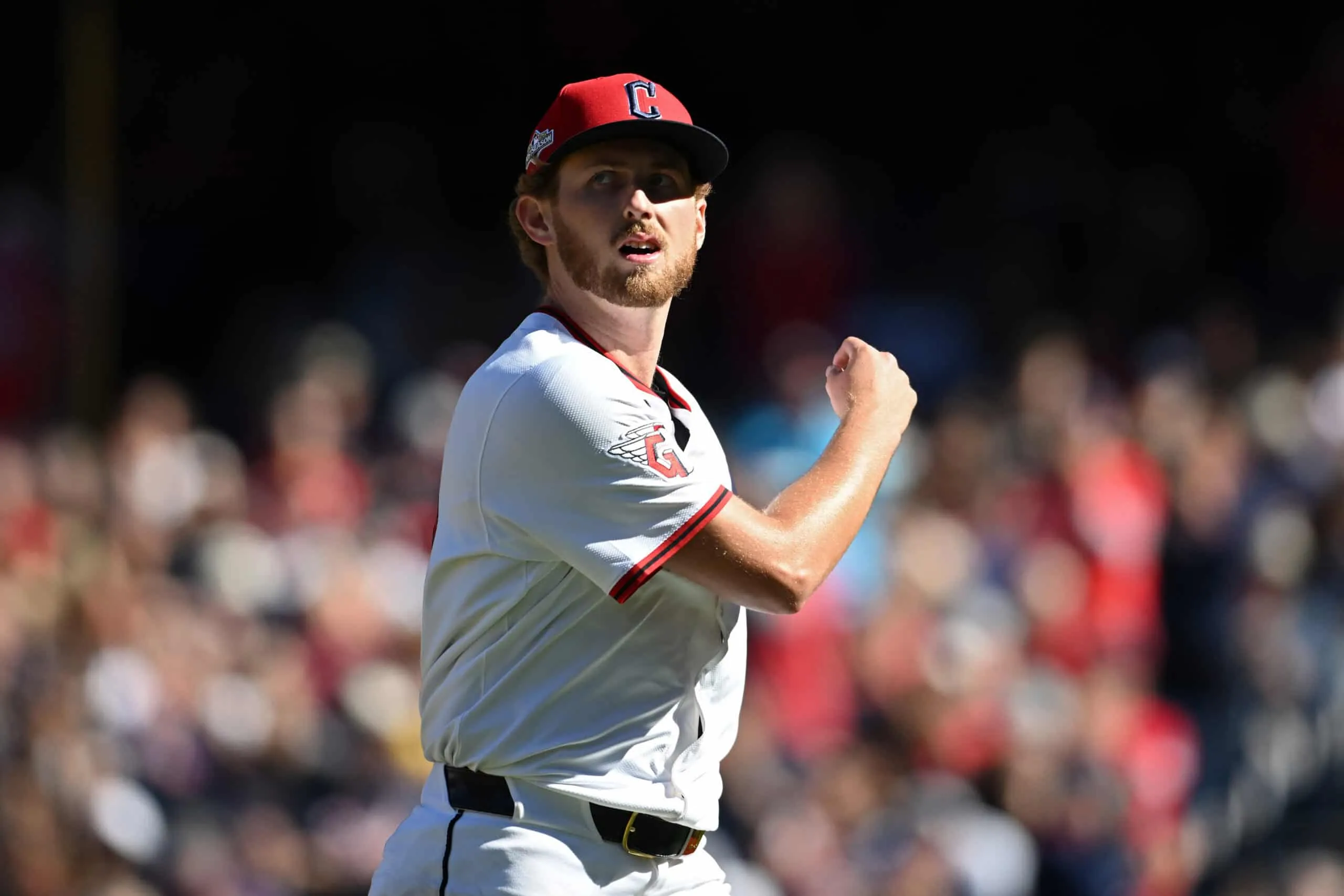 CLEVELAND, OHIO - OCTOBER 01: Tanner Bibee #28 of the Cleveland Guardians walks off the field after being relieved during the fifth inning against the Detroit Tigers in game two of the American League Wild Card Series at Progressive Field on October 01, 2025 in Cleveland, Ohio.