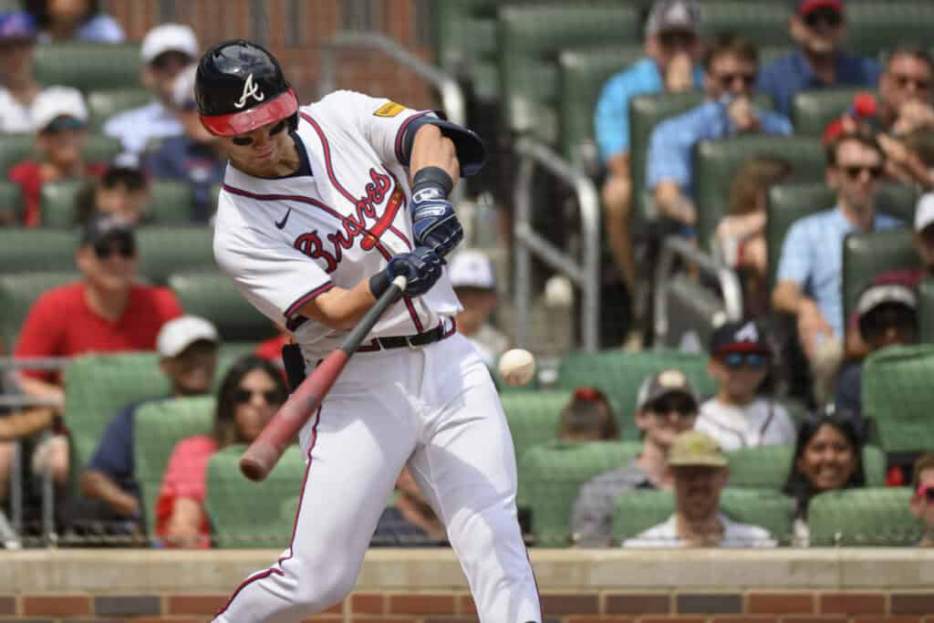 ATLANTA, GEORGIA - JUNE 29: Stuart Fairchild #17 of the Atlanta Braves hits a fly ball in the ninth inning of a game against the Philadelphia Phillies at Truist Park on June 29, 2025 in Atlanta, Georgia