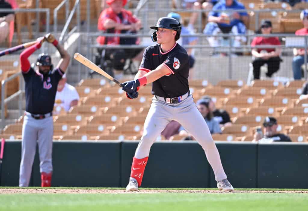 GLENDALE, ARIZONA - FEBRUARY 24: Travis Bazzana #72 of the Cleveland Guardians gets ready in the batters box against the Los Angeles Dodgers during the fifth inning of a spring training game at Camelback Ranch on February 24, 2026 in Glendale, Arizona.