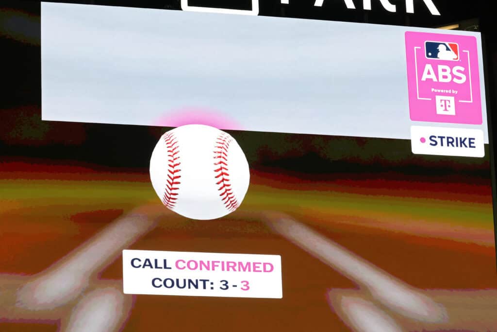 ATLANTA, GEORGIA - JULY 15: The scoreboard at Truist Park is seen during an Automated Ball-Strike system challenge during the eighth inning of the MLB All-Star Game on July 15, 2025 in Atlanta, Georgia.