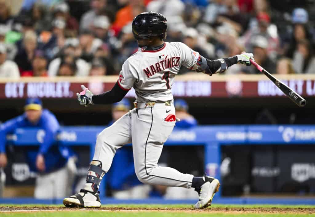 MINNEAPOLIS, MINNESOTA - SEPTEMBER 19: Angel Martinez #1 of the Cleveland Guardians strikes out against the Minnesota Twins in the eighth inning of the game at Target Field on September 19, 2025 in Minneapolis, Minnesota.