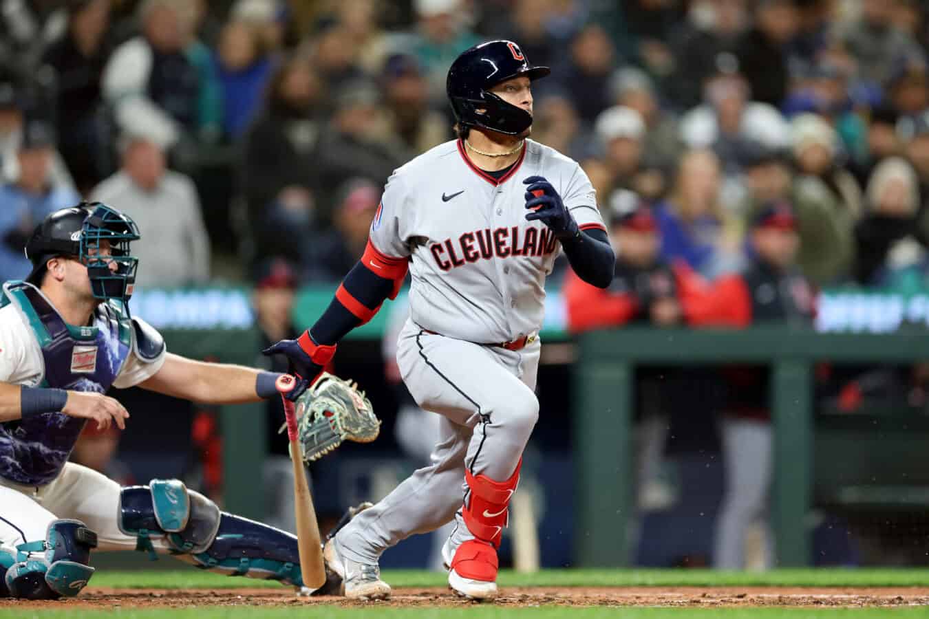 SEATTLE, WASHINGTON - MARCH 26: Bo Naylor #23 of the Cleveland Guardians singles against the Seattle Mariners during the sixth inning at T-Mobile Park on March 26, 2026 in Seattle, Washington.