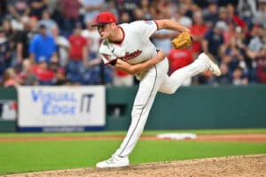 CLEVELAND, OHIO - AUGUST 14: Closing pitcher Cade Smith #36 of the Cleveland Guardians pitches during the ninth inning against the Miami Marlins at Progressive Field on August 14, 2025 in Cleveland, Ohio. The Guardians defeated the Marlins 9-4.