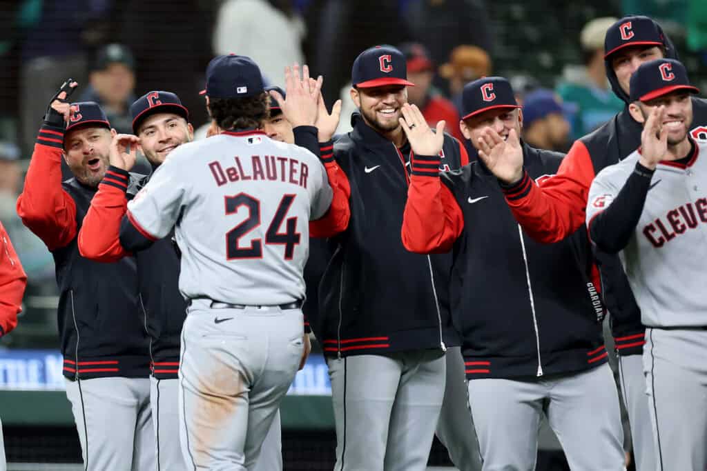 SEATTLE, WASHINGTON - MARCH 26: Chase DeLauter #24 of the Cleveland Guardians celebrates with teammates after beating the Seattle Mariners 6-4 at T-Mobile Park on March 26, 2026 in Seattle, Washington.