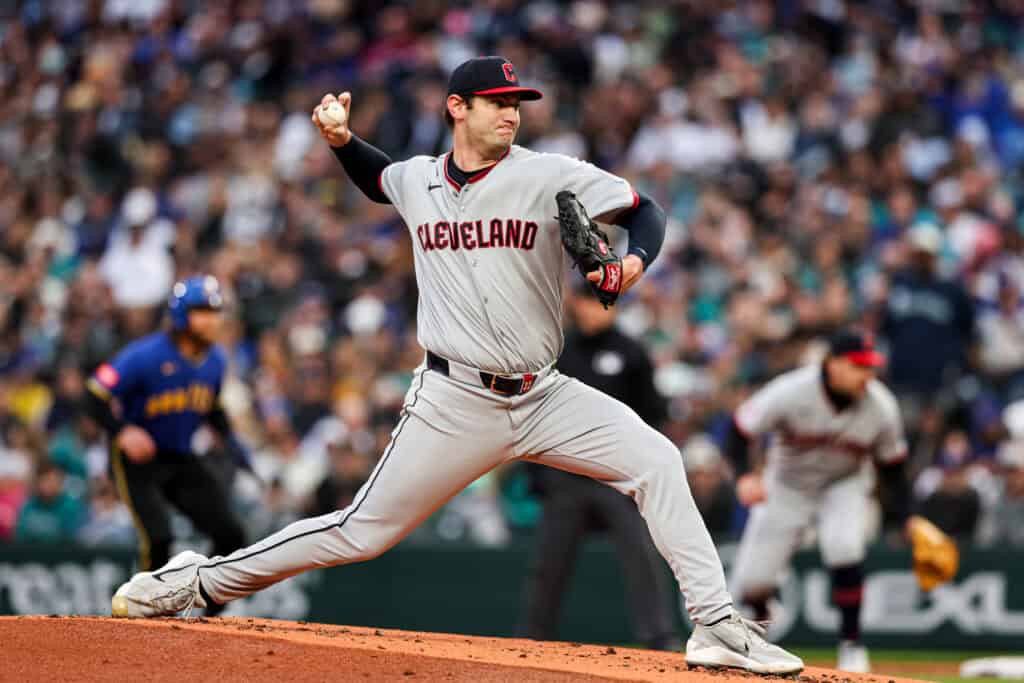 SEATTLE, WASHINGTON - MARCH 27: Gavin Williams #32 of the Cleveland Guardians pitches during the first inning against the Seattle Mariners at T-Mobile Park on March 27, 2026 in Seattle, Washington.