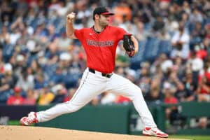 CLEVELAND, OHIO - JULY 20: Gavin Williams #32 of the Cleveland Guardians throws a pitch during the first inning against the Athletics at Progressive Field on July 20, 2025 in Cleveland, Ohio.