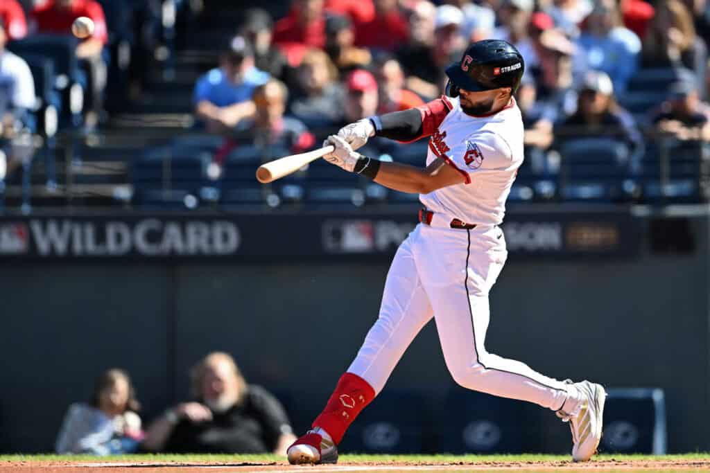 CLEVELAND, OHIO - OCTOBER 01: George Valera #35 of the Cleveland Guardians hits a home run during the first inning against the Detroit Tigers in game two of the American League Wild Card Series at Progressive Field on October 01, 2025 in Cleveland, Ohio.
