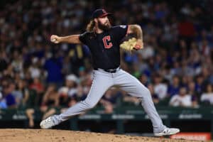 CHICAGO, ILLINOIS - JULY 3: Hunter Gaddis #33 of the Cleveland Guardians pitches during the seventh inning against the Chicago Cubs at Wrigley Field on July 3, 2025 in Chicago, Illinois.
