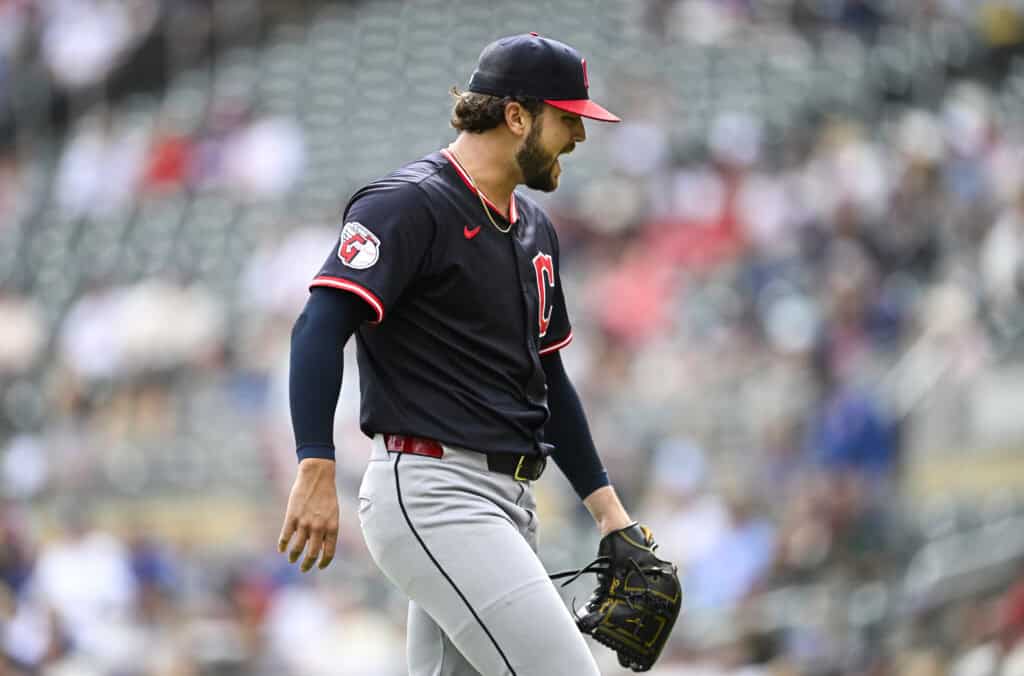 MINNEAPOLIS, MINNESOTA - SEPTEMBER 20: Slade Cecconi #44 of the Cleveland Guardians reacts after pitching against the Minnesota Twins in the first inning of game one of a doubleheader at Target Field on September 20, 2025 in Minneapolis, Minnesota.