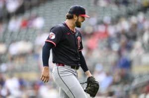MINNEAPOLIS, MINNESOTA - SEPTEMBER 20: Slade Cecconi #44 of the Cleveland Guardians reacts after pitching against the Minnesota Twins in the first inning of game one of a doubleheader at Target Field on September 20, 2025 in Minneapolis, Minnesota.