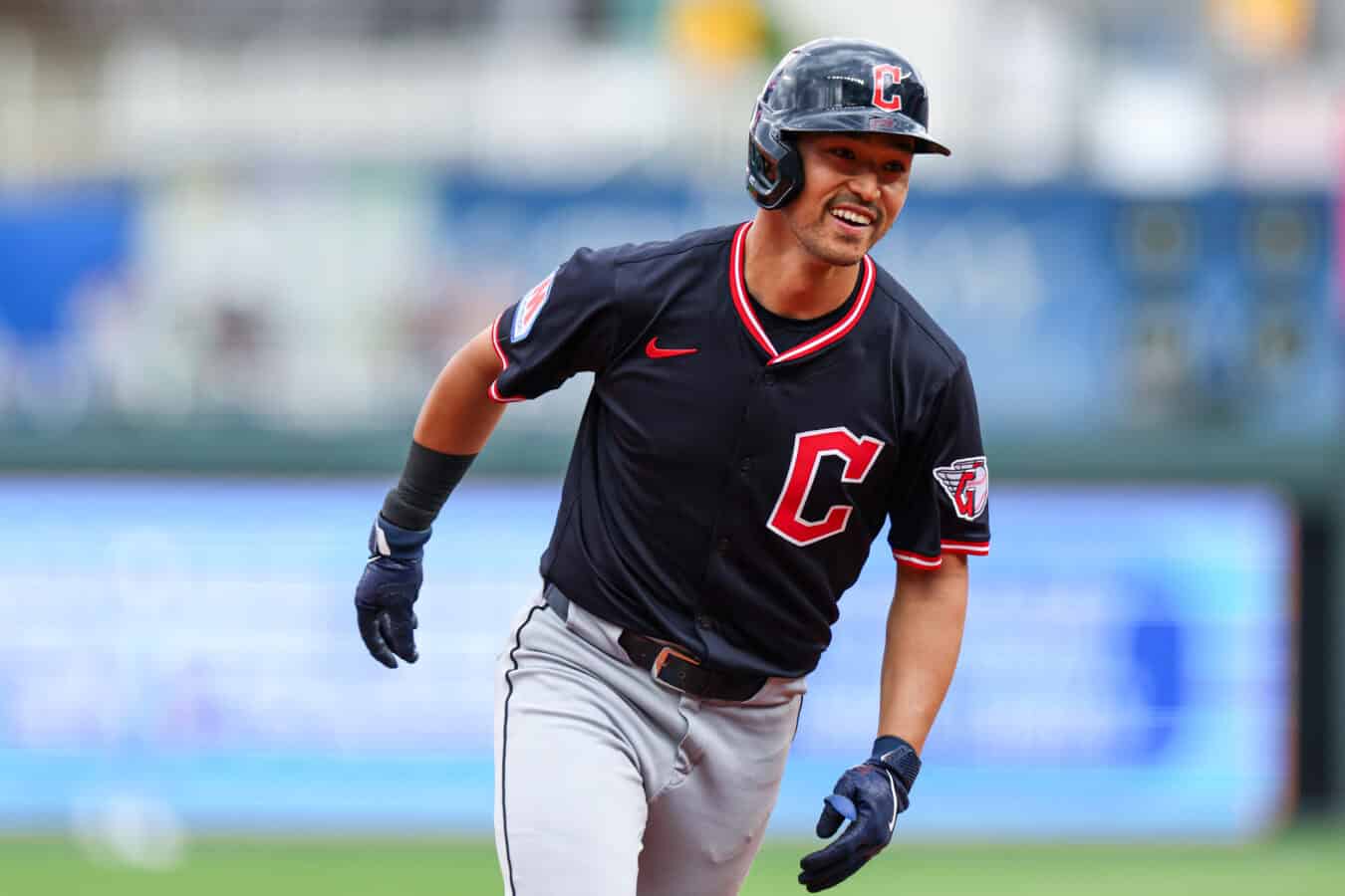 KANSAS CITY, MISSOURI - MARCH 29: Steven Kwan #38 of the Cleveland Guardians celebrates after hitting a home run during the fifth inning against the Kansas City Royals at Kauffman Stadium on March 29, 2025 in Kansas City, Missouri.