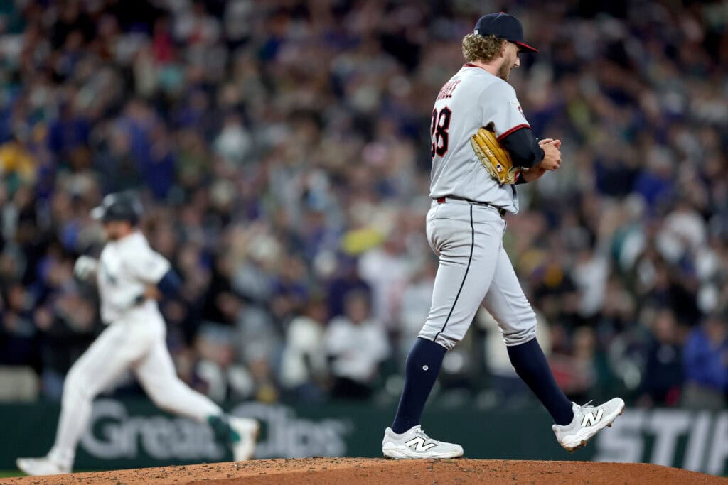 SEATTLE, WASHINGTON - MARCH 26: Tanner Bibee #28 of the Cleveland Guardians reacts after giving up a solo home run to Luke Raley #20 of the Seattle Mariners during the fifth inningat T-Mobile Park on March 26, 2026 in Seattle, Washington.