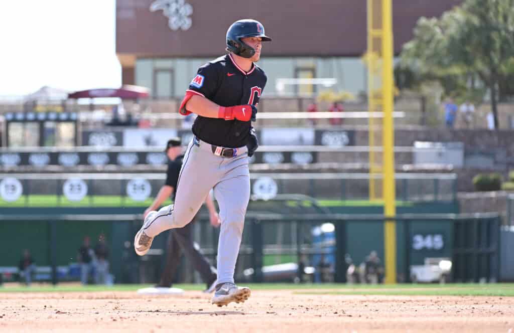 GLENDALE, ARIZONA - FEBRUARY 24: Travis Bazzana #72 of the Cleveland Guardians rounds the bases after hitting a three run home run against the Los Angeles Dodgers during the second inning of a spring training game at Camelback Ranch on February 24, 2026 in Glendale, Arizona.