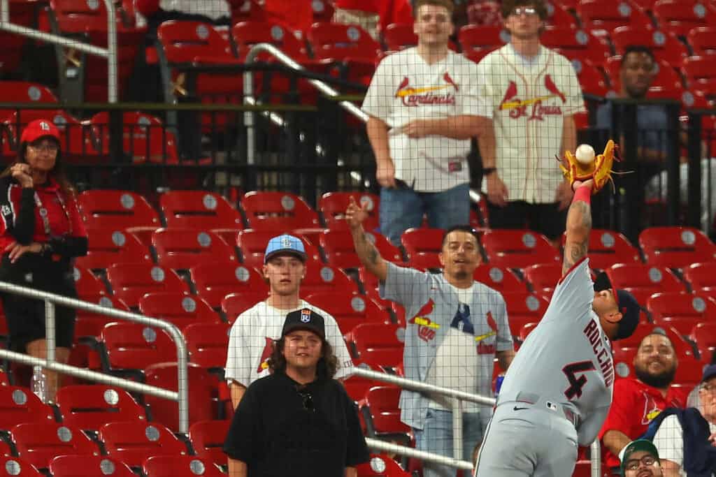 ST LOUIS, MISSOURI - APRIL 13: Brayan Rocchio #4 of the Cleveland Guardians fields a pop up in foul territory against the St. Louis Cardinals in the seventh inning at Busch Stadium on April 13, 2026 in St Louis, Missouri.