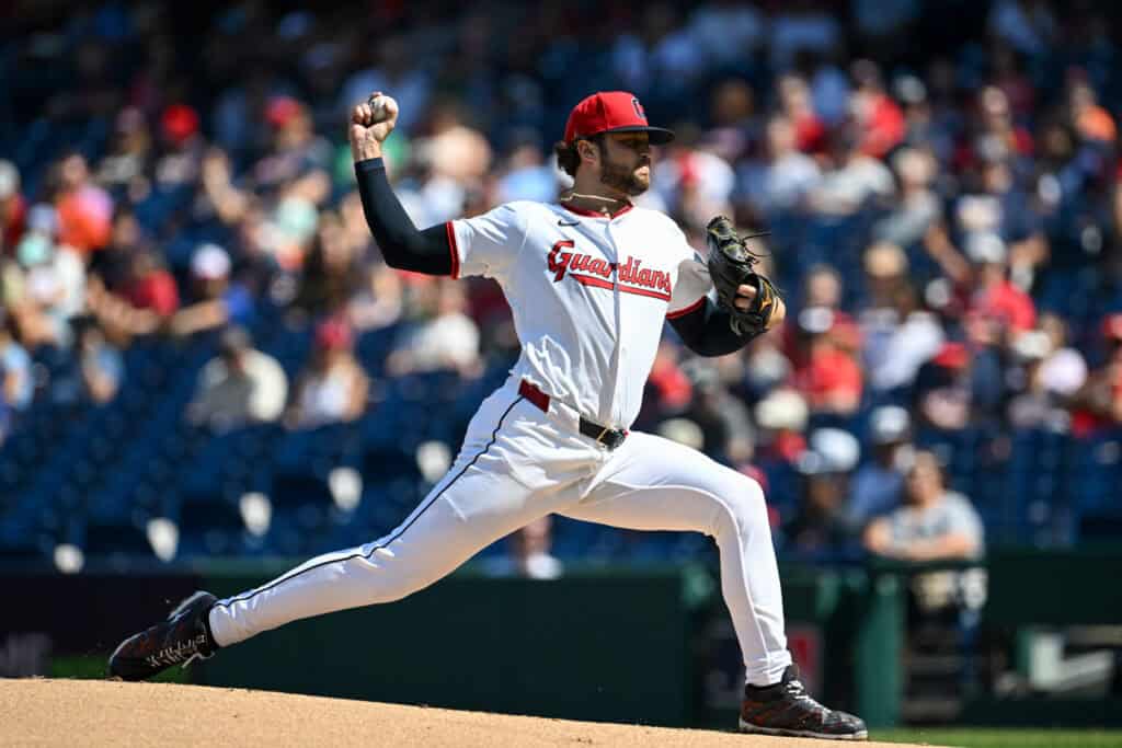 CLEVELAND, OHIO - SEPTEMBER 14: Slade Cecconi #44 of the Cleveland Guardians throws a pitch during the first inning against the Chicago White Sox at Progressive Field on September 14, 2025 in Cleveland, Ohio.