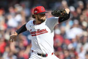 CLEVELAND, OHIO - OCTOBER 02: Slade Cecconi #44 of the Cleveland Guardians pitches during the first inning against the Detroit Tigers in game three of the American League Wild Card Series at Progressive Field on October 02, 2025 in Cleveland, Ohio.