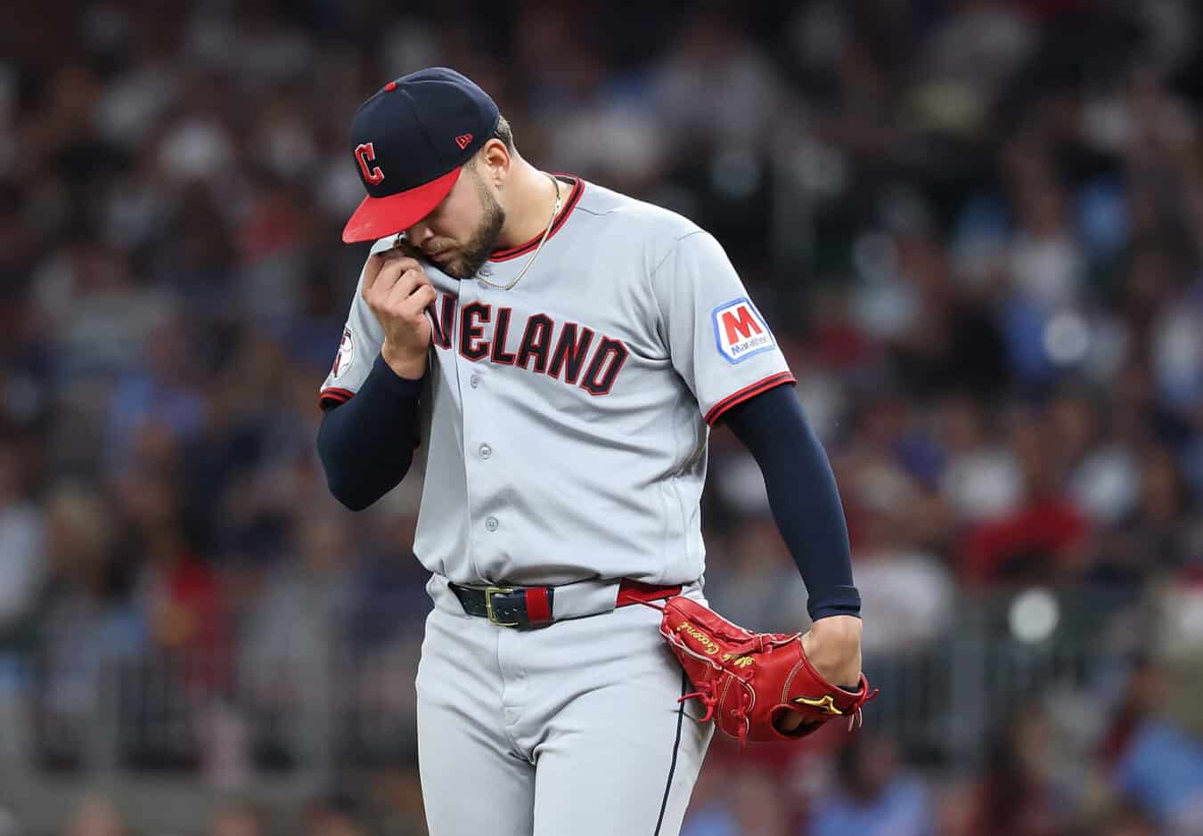 ATLANTA, GEORGIA - APRIL 10: Slade Cecconi #44 of the Cleveland Guardians reacts as he is about to be pulled during the sixth inning against the Atlanta Braves at Truist Park on April 10, 2026 in Atlanta, Georgia.