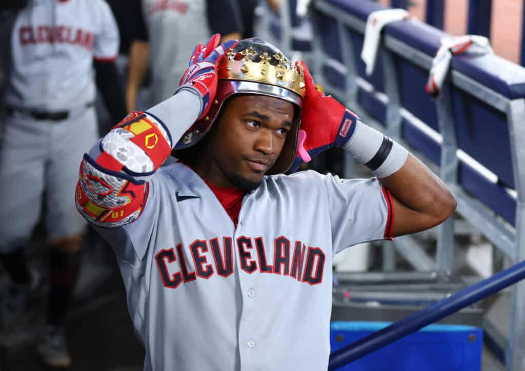TORONTO, ON - APRIL 24: Angel Martinez #1 of the Cleveland Guardians celebrates in the dugout after hitting his second home run of the game, a two-run home run, in the third inning during the game against the Toronto Blue Jays at Rogers Centre on April 24, 2025 in Toronto, Ontario, Canada.