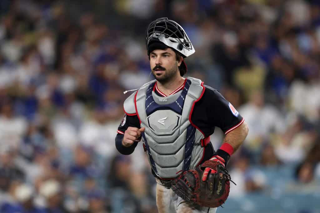 LOS ANGELES, CALIFORNIA - MARCH 30: Austin Hedges #27 of the Cleveland Guardians in action against the Los Angeles Dodgers at Dodger Stadium on March 30, 2026 in Los Angeles, California.