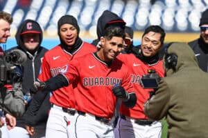 CLEVELAND, OHIO - APRIL 07: Brayan Rocchio #4 of the Cleveland Guardians celebrates with teammates after hitting a walk-off RBI single to defeat the Kansas City Royals 2-1 at Progressive Field on April 07, 2026 in Cleveland, Ohio.