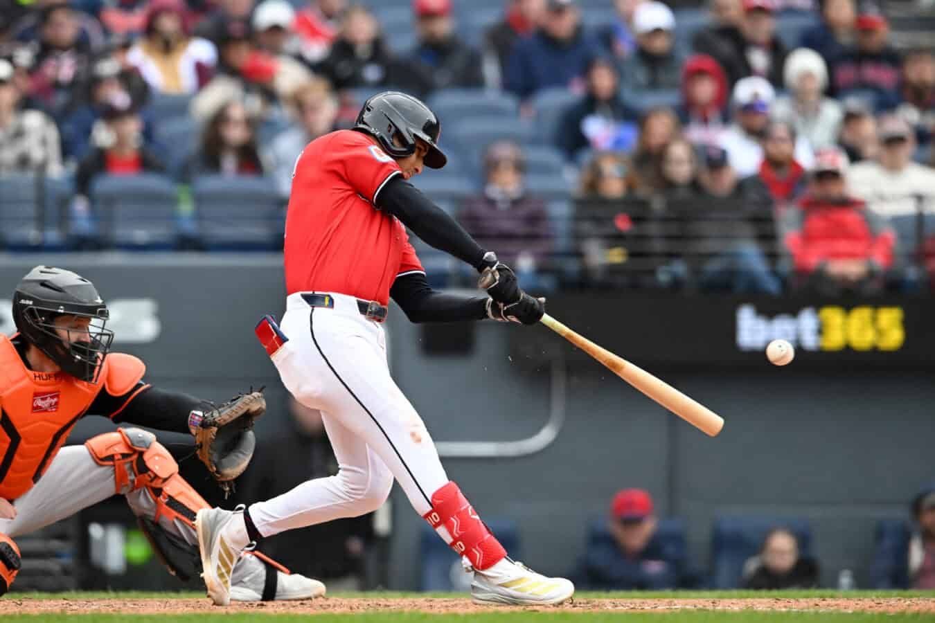 CLEVELAND, OHIO - APRIL 19: Brayan Rocchio #4 of the Cleveland Guardians hits a two-run single during the eighth inning against the Baltimore Orioles at Progressive Field on April 19, 2026 in Cleveland, Ohio.