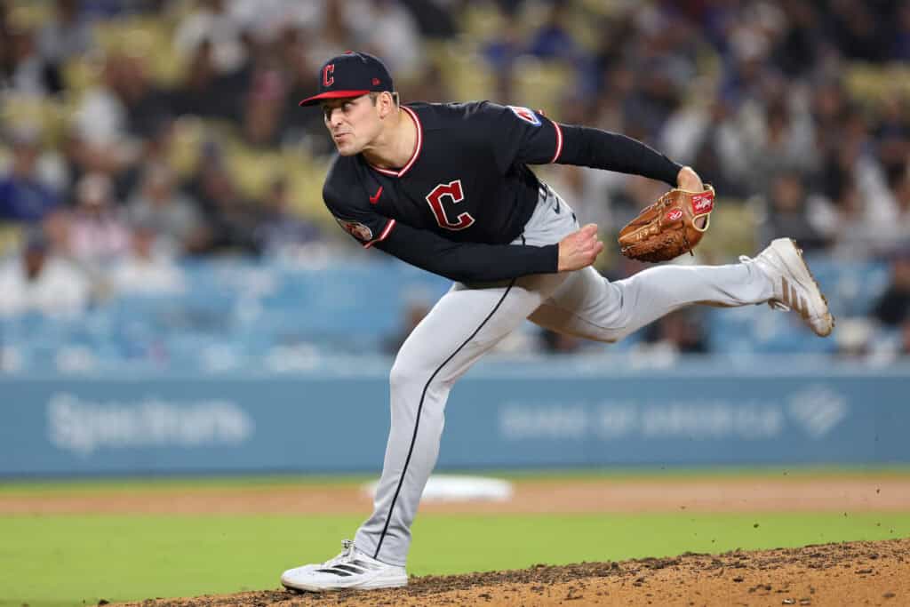 LOS ANGELES, CALIFORNIA - MARCH 30: Cade Smith #36 of the Cleveland Guardians pitches against the Los Angeles Dodgers during the ninth inning at Dodger Stadium on March 30, 2026 in Los Angeles, California.