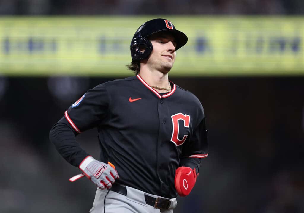 ATLANTA, GEORGIA - APRIL 11: Chase DeLauter #24 of the Cleveland Guardians reacts as he advances to third base on a wild pitch by Osvaldo Bido #70 of the Atlanta Braves in the eighth inning at Truist Park on April 11, 2026 in Atlanta, Georgia.