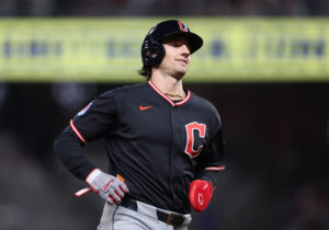 ATLANTA, GEORGIA - APRIL 11: Chase DeLauter #24 of the Cleveland Guardians reacts as he advances to third base on a wild pitch by Osvaldo Bido #70 of the Atlanta Braves in the eighth inning at Truist Park on April 11, 2026 in Atlanta, Georgia.