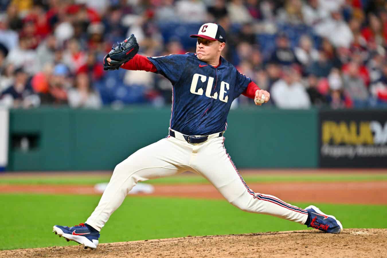 CLEVELAND, OHIO - APRIL 17: Relief pitcher Erik Sabrowski #62 of the Cleveland Guardians pitches during the eighth inning against the Baltimore Orioles at Progressive Field on April 17, 2026 in Cleveland, Ohio. (