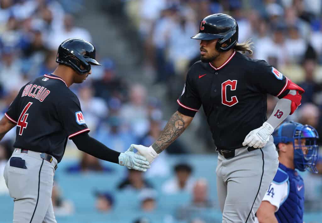 LOS ANGELES, CALIFORNIA - APRIL 01: Gabriel Arias #13 of the Cleveland Guardians celebrates a home run against the Los Angeles Dodgers in the third inning at Dodger Stadium on April 01, 2026 in Los Angeles, California.