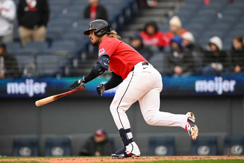 CLEVELAND, OHIO - APRIL 05: Gabriel Arias #13 of the Cleveland Guardians runs out an RBI single during the sixth inning in game two of a doubleheader against the Chicago Cubs at Progressive Field on April 05, 2026 in Cleveland, Ohio.