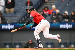 CLEVELAND, OHIO - APRIL 05: Gabriel Arias #13 of the Cleveland Guardians runs out an RBI single during the sixth inning in game two of a doubleheader against the Chicago Cubs at Progressive Field on April 05, 2026 in Cleveland, Ohio.
